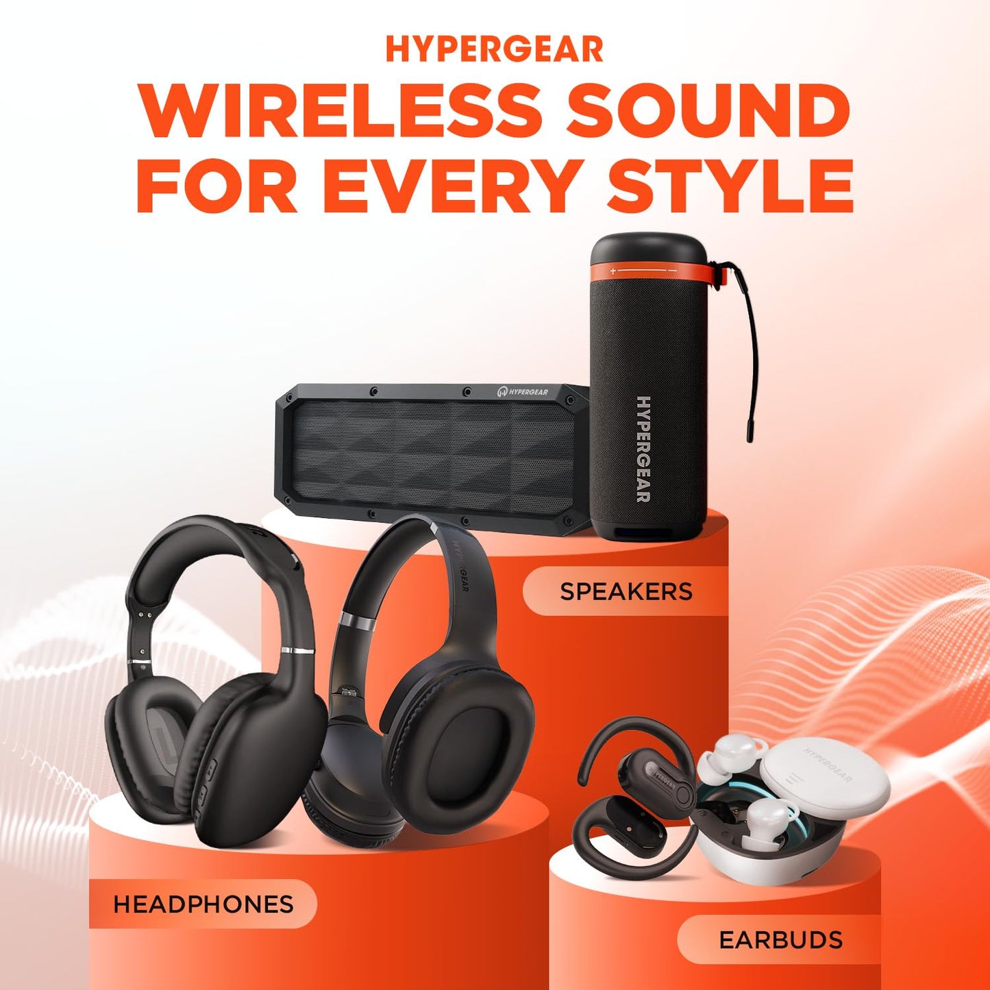 HyperGear Wireless Headphones Bluetooth Black- Noise Isolation Headphones Wireless Over the Ear Head Phones, Gym Headset Built-in Mic Controls Square Foam Cups Foldable Headphone for Women and Men