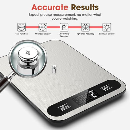Mik-Nana Food Scale, 22lb Digital Kitchen Scale with 6 Units Tare Function & LCD Display, Stainless Steel Weight Grams and Ounces for Baking, Cooking and Meal Prep (Batteries Included)