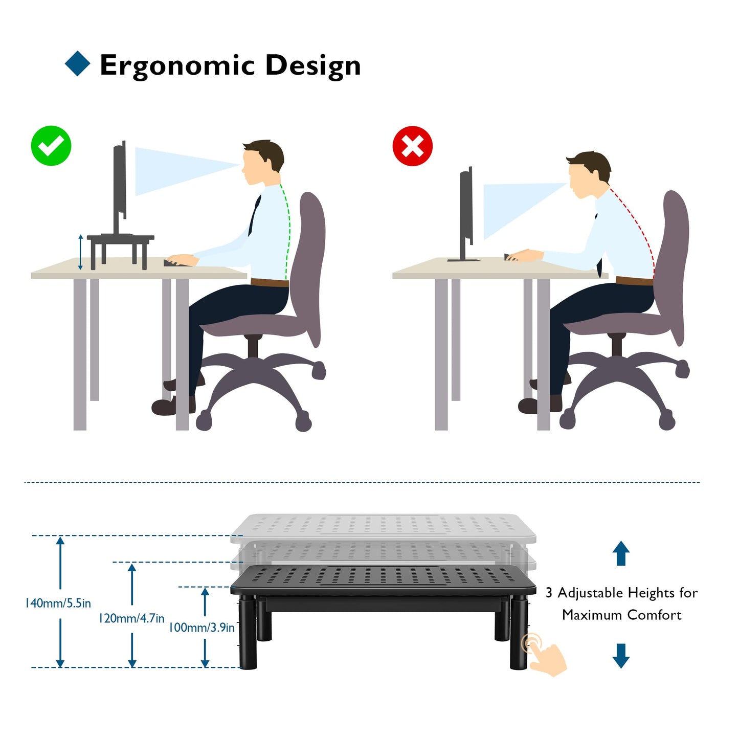 BONTEC 1 Pack Adjustable Monitor Stand Riser with Drawer, Ergonomic Mesh Platform Computer Monitor Stand for Desk, Ventilated Laptop and PC Stand with Cable Management, Supports up to 44lbs