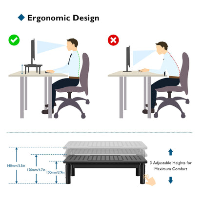 BONTEC 1 Pack Adjustable Monitor Stand Riser with Drawer, Ergonomic Mesh Platform Computer Monitor Stand for Desk, Ventilated Laptop and PC Stand with Cable Management, Supports up to 44lbs