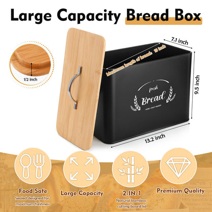 Qinyoung 2 Pcs Large Bread Box Set for Kitchen Countertop with Ceramic Butter Dish Holder Bamboo Lid Knife Metal Bread Holder Farmhouse Kitchen Storage Container for Home Housewarming Gift(Black)