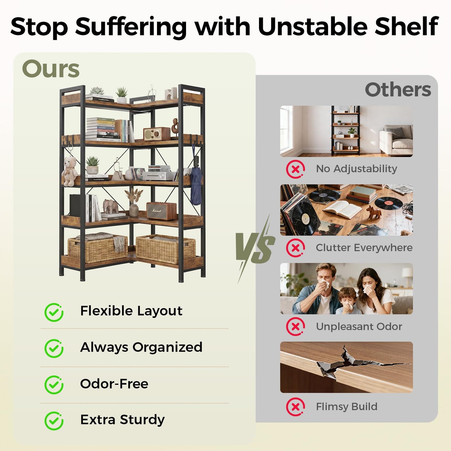 GTPLAYER 5-Tier Corner Bookshelf, L-Shaped Metal Frame Shelf with Tall 14" Shelves, Plant Stand and Storage Rack for Small Spaces, Living Room and Home Office, Brown