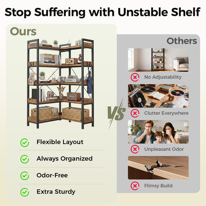 GTPLAYER 5-Tier Corner Bookshelf, L-Shaped Metal Frame Shelf with Tall 14" Shelves, Plant Stand and Storage Rack for Small Spaces, Living Room and Home Office, Brown
