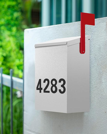 LAND·VOI Wall-Mount Mailbox with One Flag Kit and Three Sets of 0-9 Mailbox Number Stickers, Mailboxes for Outside, Galvanized Steel Rust-Proof Metal Post Box, 7.1"x3.9"x10.24", Textured White AMB05W