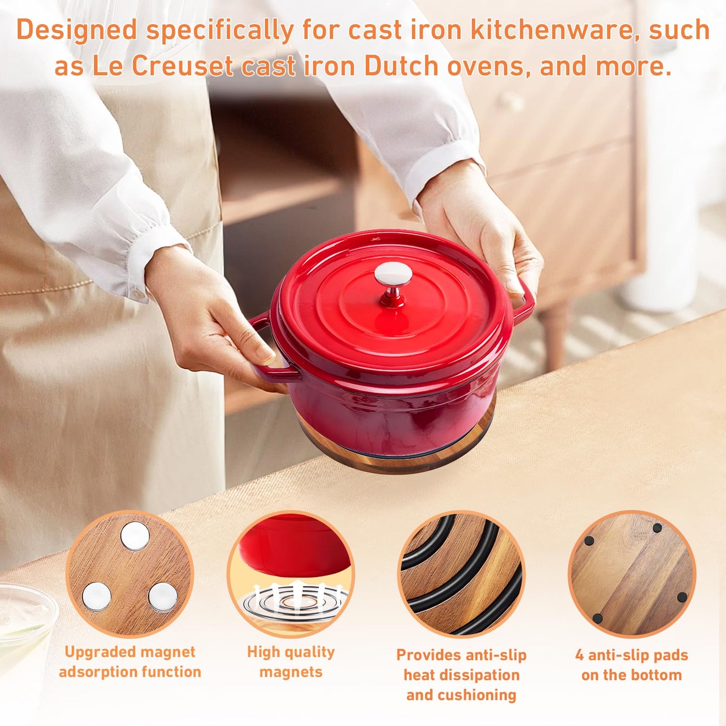 2 Pcs Magnetic Wooden Trivets, Acacia Wood with Black Silicone Rings, Magnetic Pot Holder for Le Creuset Enameled Cast Iron Dutch Oven & Cast Iron Skillets, Wood Trivet