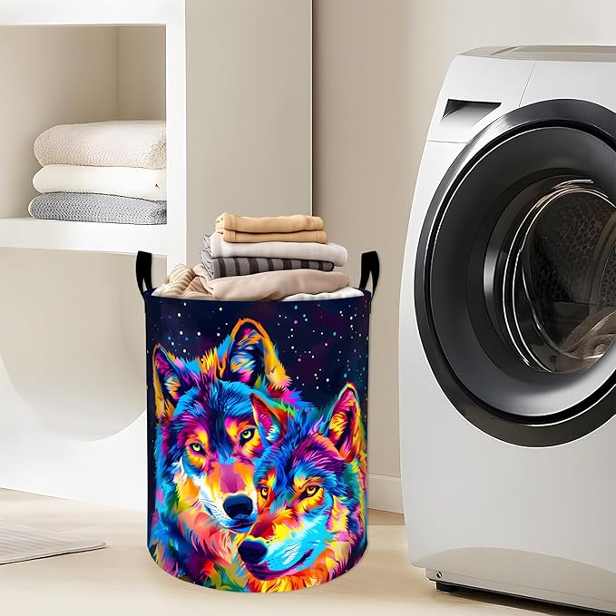Neon Wolf with Vibrant Color Laundry Basket with Handles, 19.7"x15.7" Clothes