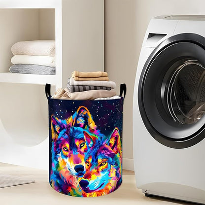 Neon Wolf with Vibrant Color Laundry Basket with Handles, 19.7"x15.7" Clothes