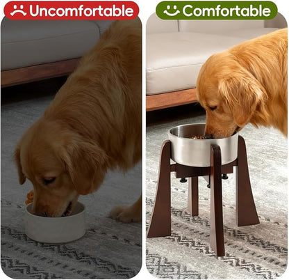 Elevated Bowl Stand Set 12-inch with Heavy Duty Beech Wood Made, Anti-Vomit Design for Medium Breed, Senior Dogs, Ergonomic Neck Protecting, Adjustable Diameter, Easy Clean Non Toxic