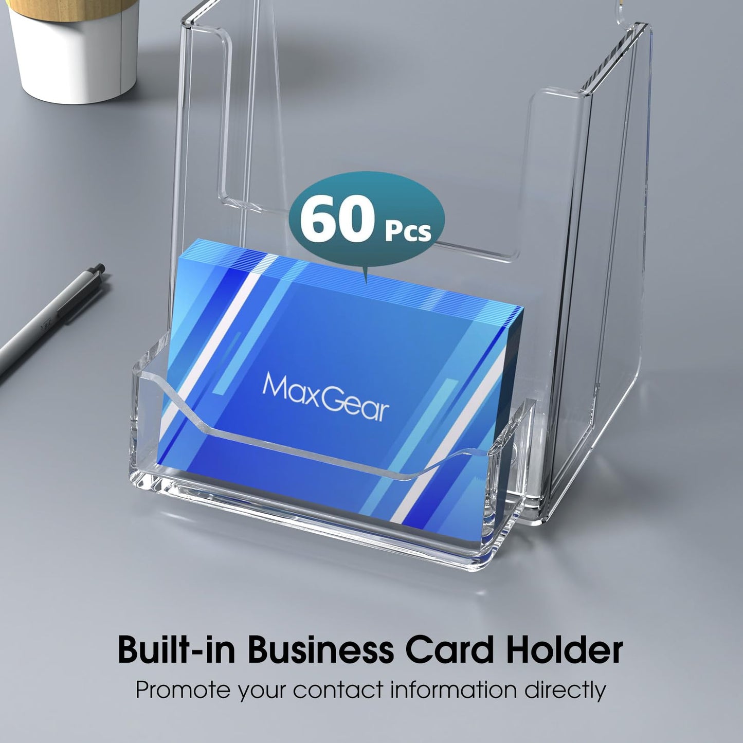 MaxGear Brochure Holder 4x9 inch with Business Card Organizer, Acrylic Literature Display Stand Clear Plastic Flyer Holder Wall Mount or Countertop Use for Pamphlets, Booklets, 6 Pack