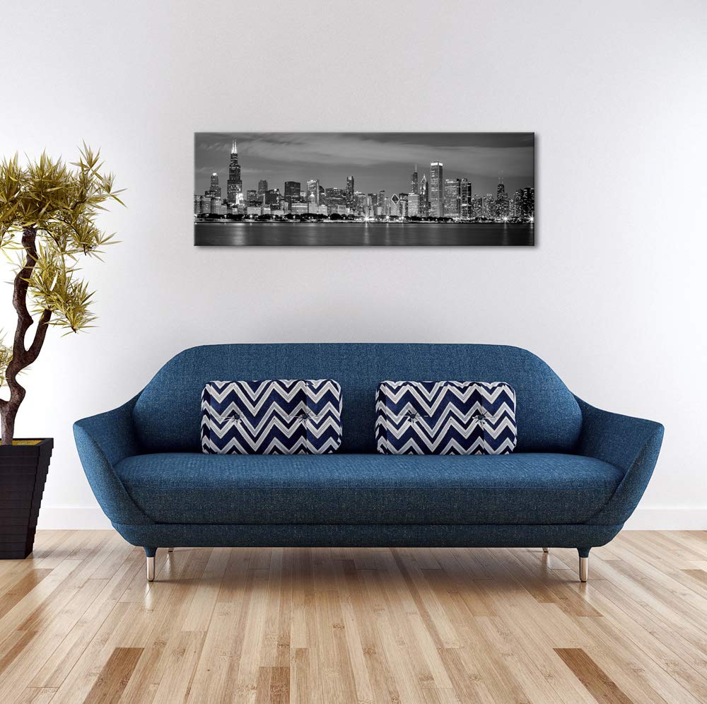 Wieco Art New York Manhattan Night View in Black and White Giclee Canvas Prints Modern Stretched and Framed Art work Cityscape Pictures Paintings on Canvas Wall Art for Bedroom Home Decorations