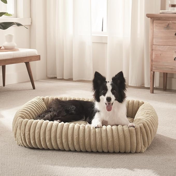 FURTIME Dog Bed Medium Size Dog, Washable Orthopedic Pet Bed with Removable Cover, Rectangle Soft Calming Sleeping Puppy Bed Durable Pet Cuddler with Anti-Slip Bottom, Beige, M Plus (30"x24"x8")