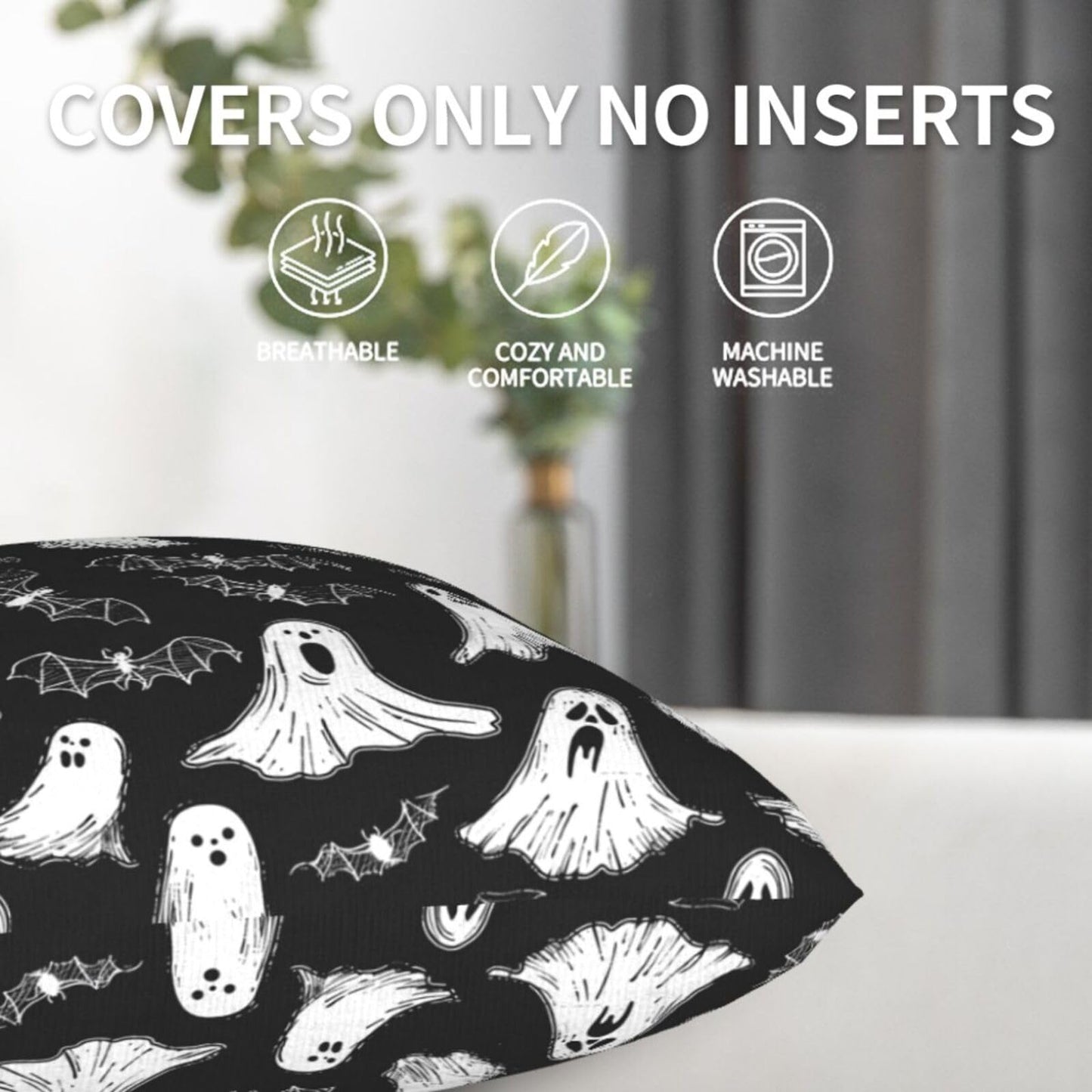 Famame Decorative Pillow Covers Set of 2 Ghost Bats Cute Halloween Throw Pillows Cover 18x18 inch Square Pillowcase Couch Cushion Cases for Sofa Living Room Bedroom Home Decor