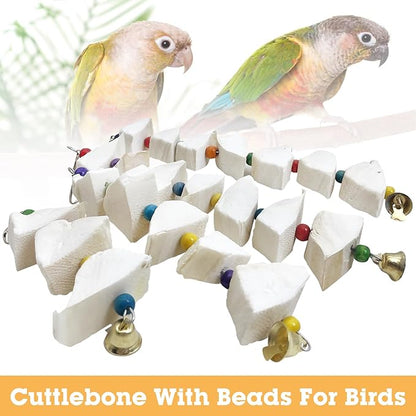 BNOSDM Bird Toys with Cuttlebone 4 Pack Hanging Cuttle Bone Chew Toys Natural Bird Beak Grinding Stone Parakeet Calcium Toys Bird Cage Accessories for Budgies Cockatiels Lovebirds Conures Parrots (7)