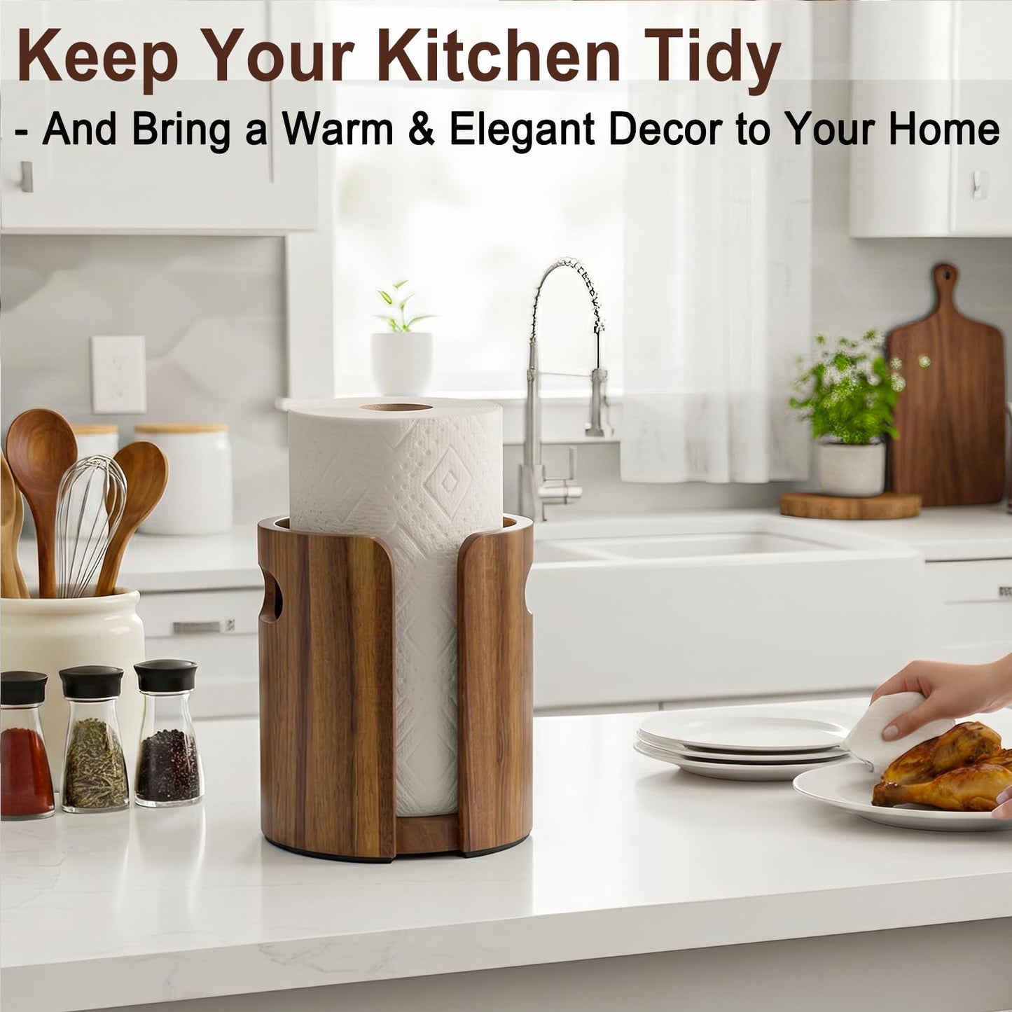 Premium Wood Paper Towel Holder for Kitchen Countertop, Acacia Wooden Kitchen Towel Holder with Splash Guard, Handles & Weighted Non-Slip Base, Home Decor Essentials, for Kitchen, Bathroom, Bar