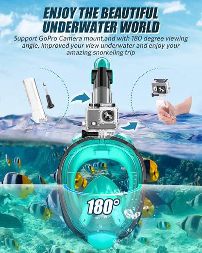 QingSong Full Face Snorkel Mask for Adults, Snorkeling Gear with Camera Mount, 180 Degree Panoramic View Snorkel Set Anti-Fog Anti-Leak