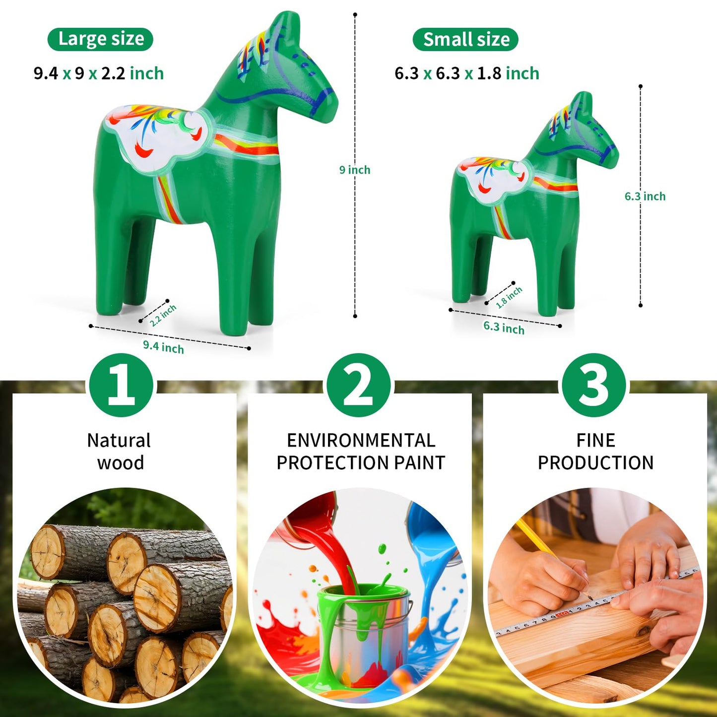 GUMQDD Set of 2 Hand Painted Swedish Wooden Dala Horse Figurines 9.4"/6.3", Dala Horse Gifts, Suitable for Family Living Room & Home Decoration (Green)