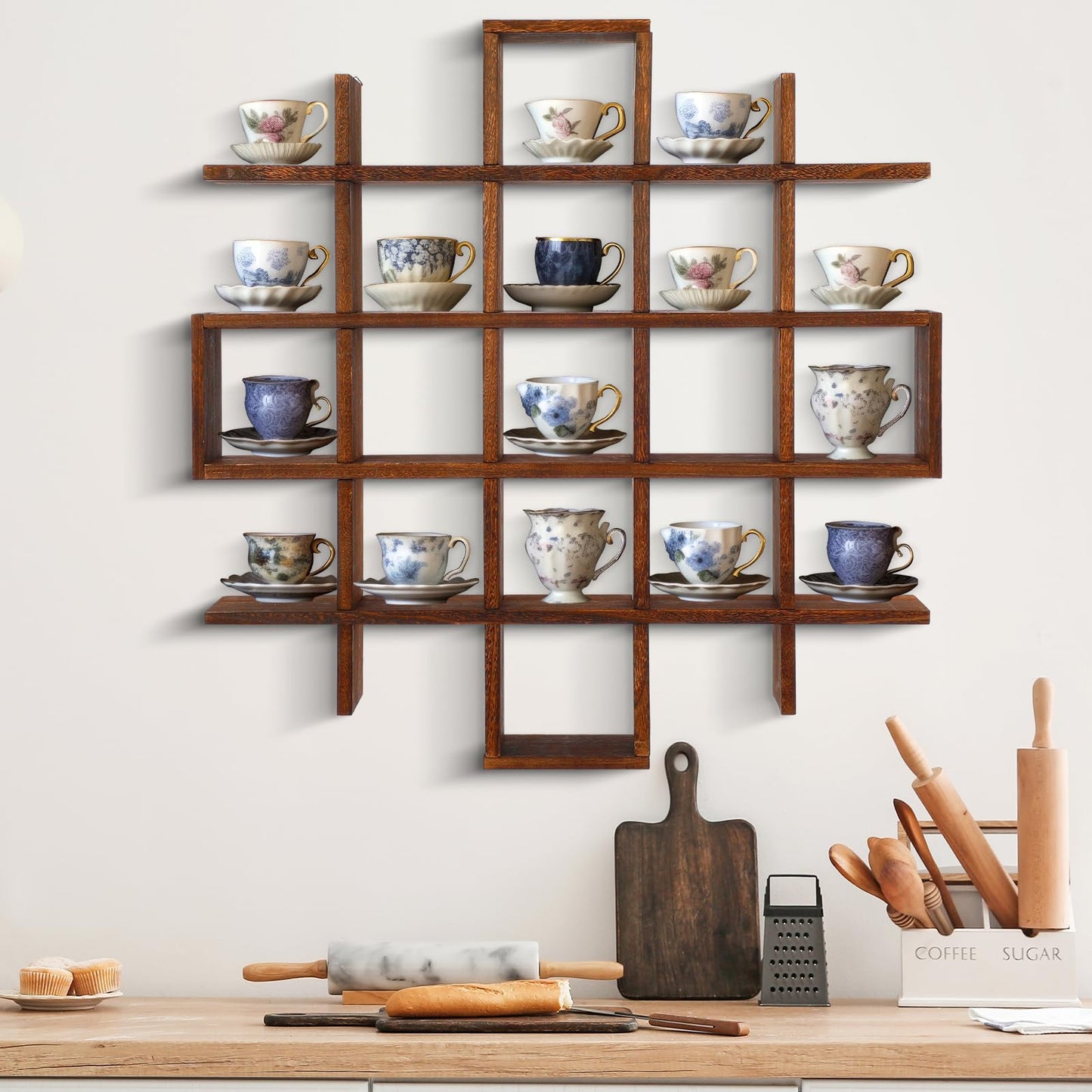 Suzile Oversize Tea Cups and Saucers Shelf Rustic Wooden Coffee Display Shelves Wooden Floating Curio Shelf Mounted Tea and Saucer Rack Holder for Kitchen Station Bar Accessories(Brown)