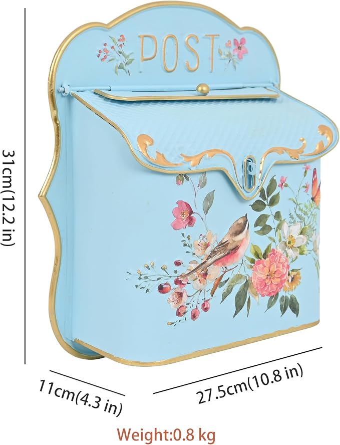 BIG FORTUNE Wall Mount Mailbox for House Outside Vintage Metal Door Mailbox Antique Style Nostalgic Charm Home Decor Garden Vintage English Cottage Decor Flower Patter(Blue)