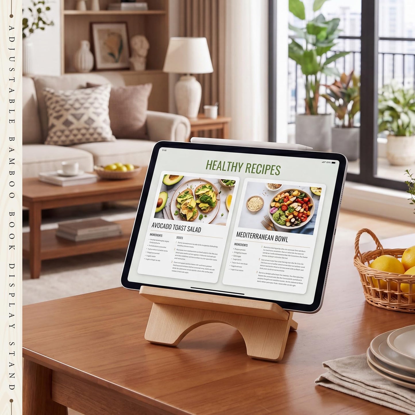 Novabright 6 Pack Adjustable Bamboo Cookbook Stand for Kitchen Counter 8 x 5 Inch Wooden Cookbook Holder for Recipe Book, Tablet, Reading, Desk Magazine Display Rack for Home Office Kitchen