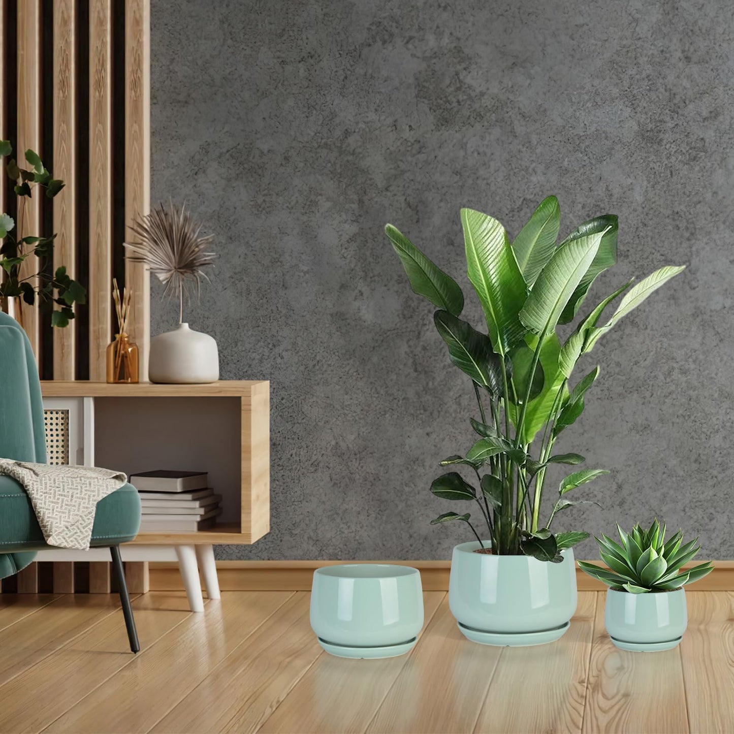 GDSZJLJ Ceramic Indoor Pots for Plants,7.5+5.9+4.4 Inch Set of 3,Flower Pots with Drainage Holes and Saucers,Planters Pot with Hole Mesh Pad,Large Planters for Indoor Plants,Gift for Mom,Aqua