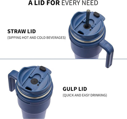 20 oz Insulated Coffee Mug Tumbler with Handle, Stainless Steel Travel Mug Tumbler with Lid and Straw,Double Wall Vacuum Leak Proof Ice Coffee Thermal Cup, Navy/Rose Gold