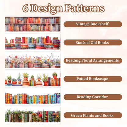6 Rolls Book-Themed PET Tape, PET Tape Stickers for Journaling, Library and Nature-Inspired Floral washi Stickers Book Journal Supplies for DIY Crafts, Gift Wrapping, Scrapbooking and Journaling