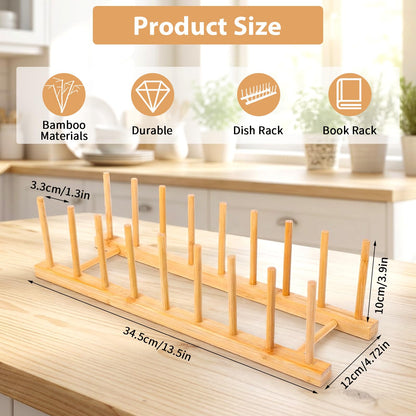Leooomap 8-Slot Bamboo Wooden Plate Rack, Dish Drying Rack & Pot Lid Holder Stand, Kitchen Cabinet Organizer for Bowls, Cups, Cutting Boards