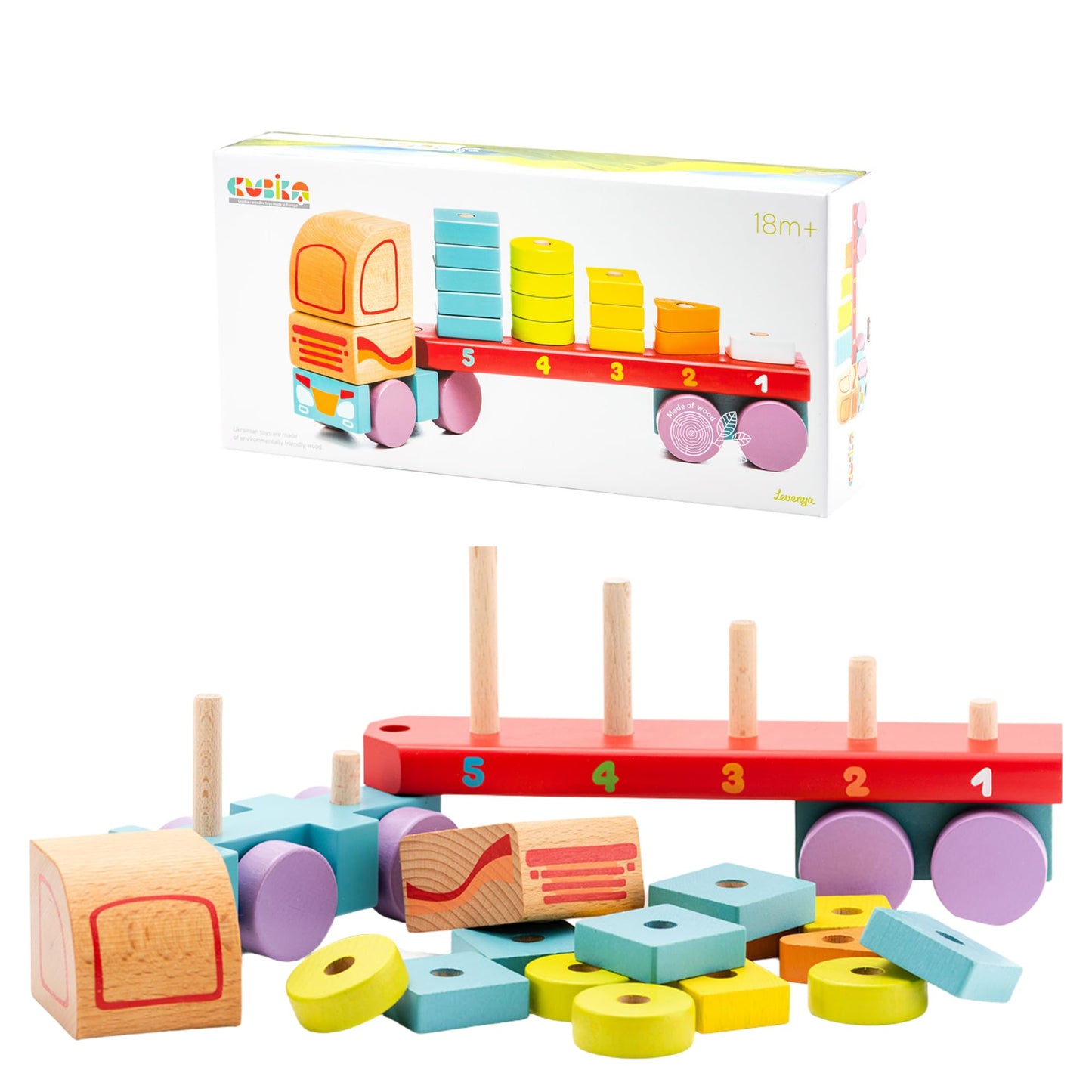 CUBIKA Wooden Geometric Shapes Truck– Montessori Toy for Toddlers Ages 3+– Shape Sorter and Stacking Truck Building Toy– FSC-Certified Wood, German Water-Based Paints, Travel-Friendly