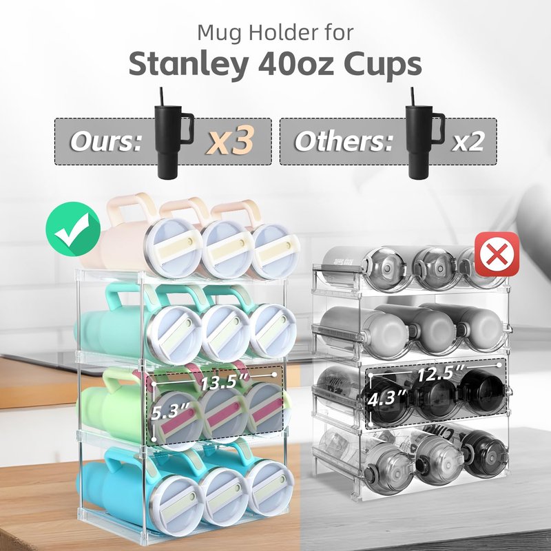 TIDY SAVANT Water Bottle Organizer Holder for Stanley 40 oz Tumbler, Stackable Tumbler Organizer - Cabinet Organizer, Kitchen Storage Organization for Accessories(4 Tier - Hold 12)