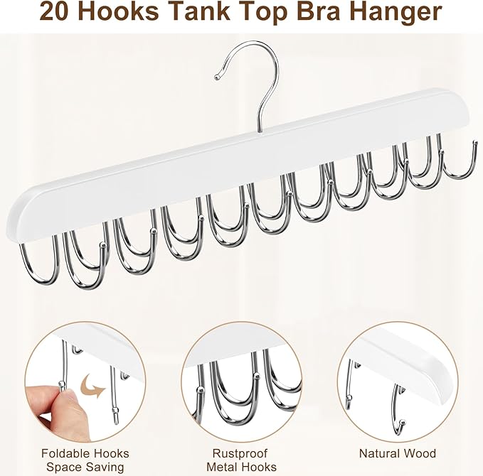 Bra Hanger for Closet, Tank Top Hanger 20 Hooks Capacity Foldable Wood Space