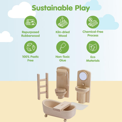 PlanToys® Wooden Victorian Bathroom & Bedroom Dollhouse Furniture Set | Montessori 1:12 Scale Pretend Play Bundle for Daily Routines, Self Care, Rest & Eco Friendly Storytelling Play