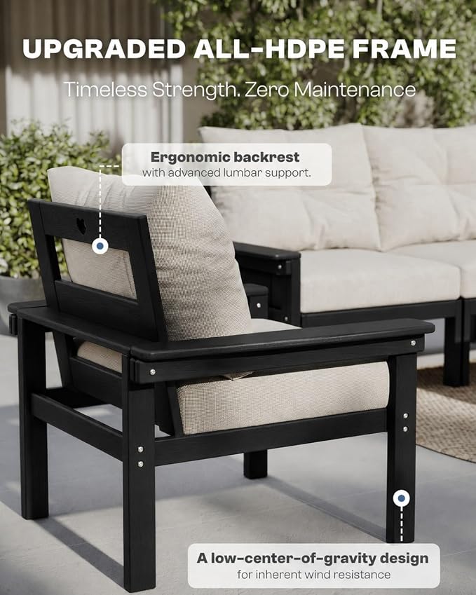 HDPE Outdoor Patio Furniture Set, 10-Piece Patio Conversation Set with 3-Seat Sofa, 4 Armchairs, 2 Side Tables & 1 Coffee Table, All-Weather Outdoor Sofa Set for Deck, Porch(Black Frame)