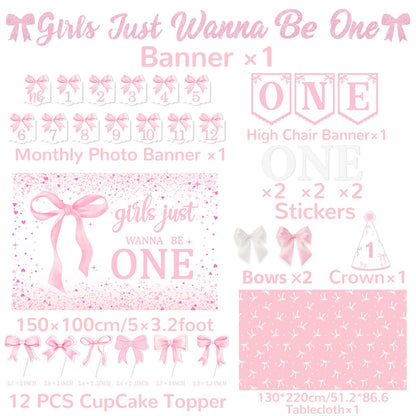 Pink Bow 1st Birthday Decorations, Girls Just Wanna Be One Birthday Decorations Kit Include Pink White Balloon Arch,Backdrop,Banner,Balloon Boxes,High Chair Banner,Bow Tablecloth,Bow Cupcake Toppers