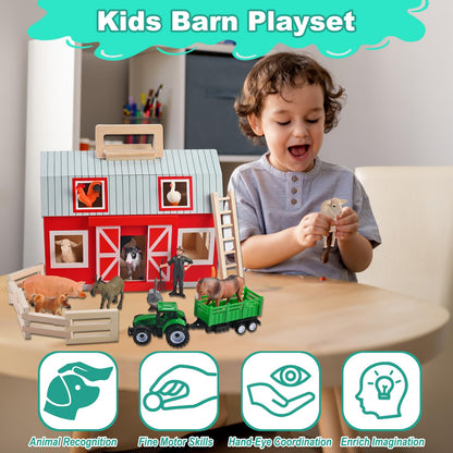 WoodTrove Wooden Barn Toys, Play Barn with 12 Animal Play Figures for 3+ Years Old, Toy Barn and Farm Animals，Wooden Barn Playset for Christmas Birthday Gift for Boys Girls
