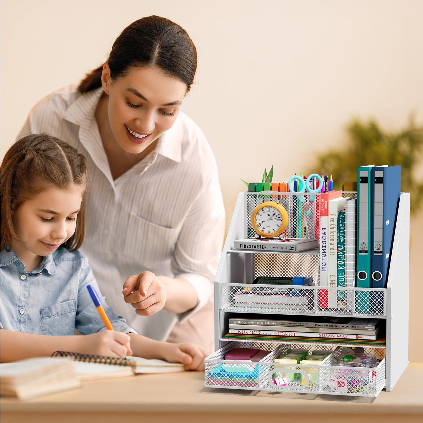 Homsorout Wooden Desk Organizer - Mesh File Organizer with Drawers and Pen Holder - 4-Tier Vertical Paper Letter Storage Tray, Desktop Organizers and Accessories for Home Office （White