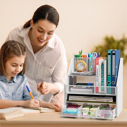 Homsorout Wooden Desk Organizer - Mesh File Organizer with Drawers and Pen Holder - 4-Tier Vertical Paper Letter Storage Tray, Desktop Organizers and Accessories for Home Office （White