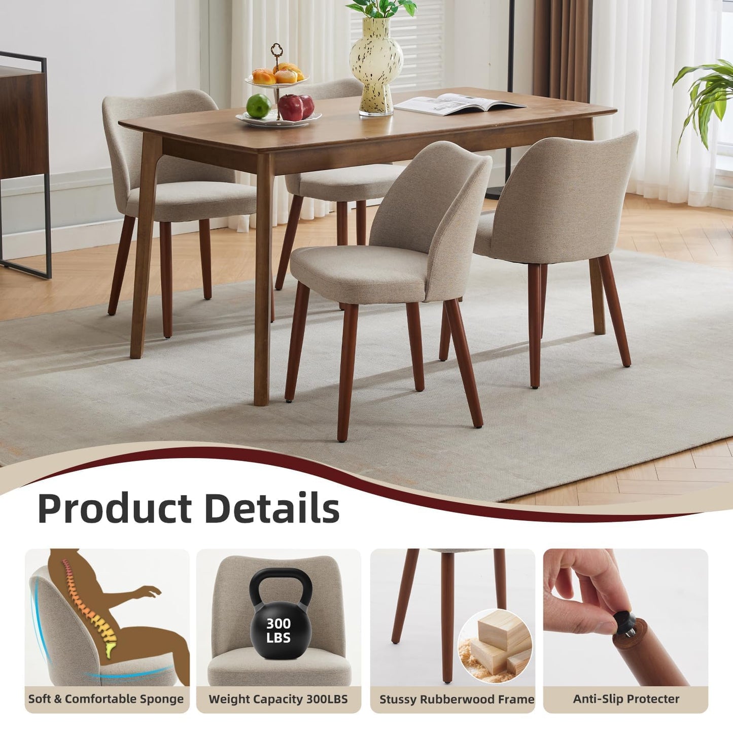 GarveeHome Wooden Dining Chairs Set of 4, Upholstered Mid Century Dining Chairs with Thick Seat Cushion and Curved Back for Dining/Kitchen/Living Room, Camel