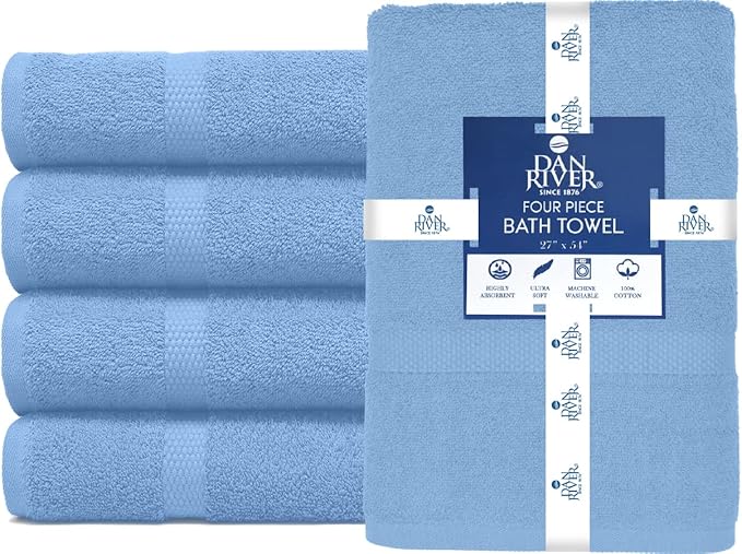 DAN RIVER Bath Towels Set of 4, 27 x 54 Inches, 100% Cotton, Larger & Lighter