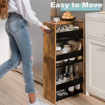 MARTY Rolling Storage Cart 7.9" W, 4-Tier Narrow Kitchen Cart with Wheels Handle, Slim Storage Mobile Shelving Utility Carts for Bathroom Laundry Room Organization Small Spaces(Rustic Brown)