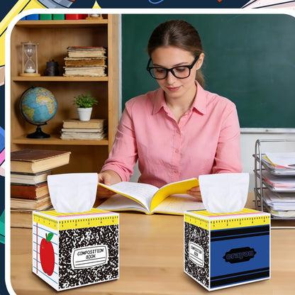 NFAMRZCAR 2 Pack Back to School Gift Wooden Tissue Box Cover, Square School Themed Tissue Holder Dispenser Paper Case for Back to School, First Day of School, Classroom Office Desk Decor