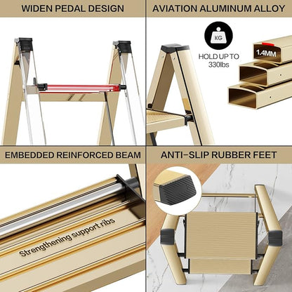 2 Step Ladder, Aluminum Folding Step Stool with Anti-Slip Sturdy and Wide Pedal, Lightweight Portable Multi-Use Stepladder for Home and Kitchen Use Space Saving, Gold, 330 lbs