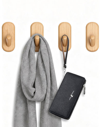 FCOWK Wooden Wall Hooks for Hanging - 4 Pack Heavy Duty Coat Hooks Wall Mount- Solid Natural Wood Hat, Bag, Backpack & Towel Hooks - Modern Key Holder for Bathroom & Entryway (Beech)