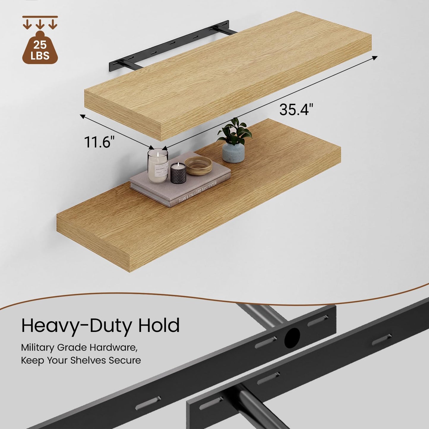 Heimlove 36 Inch Wall Shelf Bathroom Shelves Set of 2, 12" Deep Floating Shelves for Wall, Wall Mounted Shelves for Books Living Room Laundry Room Bedroom Kitchen Home Office, Oak