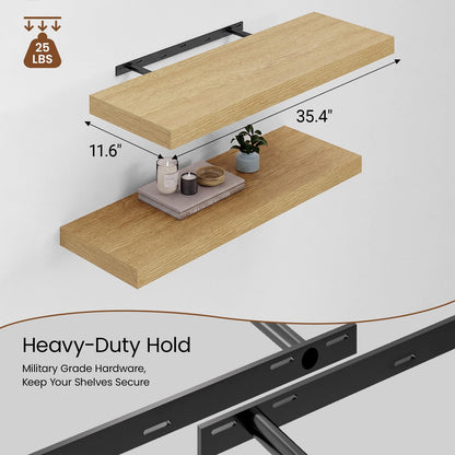 Heimlove 36 Inch Wall Shelf Bathroom Shelves Set of 2, 12" Deep Floating Shelves for Wall, Wall Mounted Shelves for Books Living Room Laundry Room Bedroom Kitchen Home Office, Oak