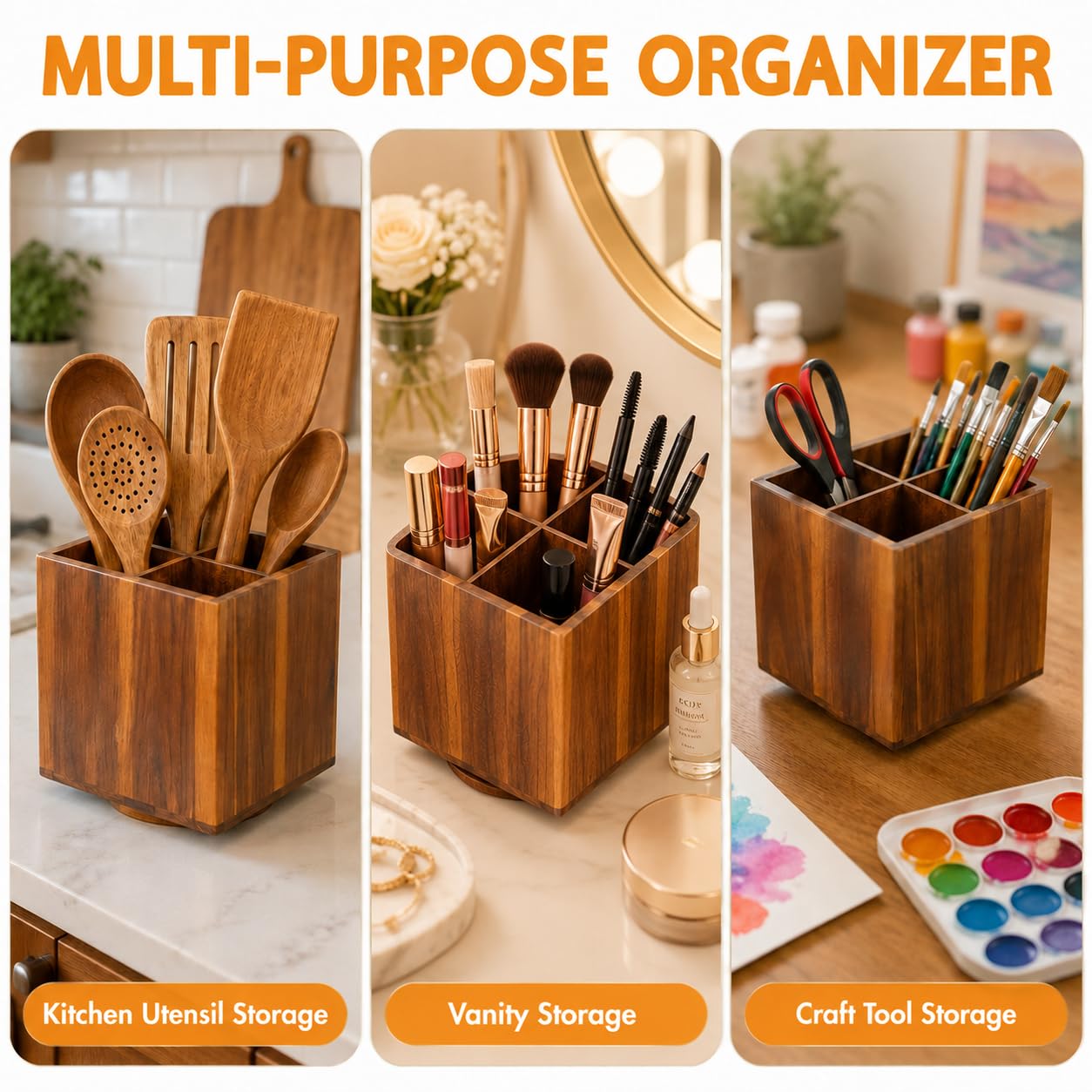 LIGOMEDA Acacia Wood Rotating Utensil Holder for Kitchen Counter – 360° Large Wooden Organizer with 4 Compartments, Farmhouse Kitchen Countertop Storage for Cooking Utensils