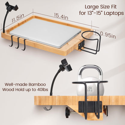 Fivebop Bedside Shelf for Dorm Bed & Top Bunk, Bamboo Bed Side Table Tray with Cup Phone Holder & Hooks, Bedside Caddy, Clip on Nightstand Bedside Storage College Dorm Room Essentials (Bamboo-1)