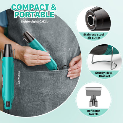 SEEKONE 350W Mini Heat Gun, Dual-Temp Model 500℉ & 842℉（260℃ & 450℃）Fast Heat Hot Air Gun with Overheat Protection and Reflector Nozzle for Heat Shrinking Tubes, Shaping, PVC Tubing（4.9FT）