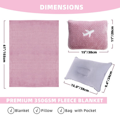 Nenolix 3 in 1 Travel Blanket Pillow Set - 350 GSM Thick Travel Blanket Airplane Compact with Bag, Soft Bag with a Pocket, Inflatable Travel Pillow for Camping & Car Trip (Blush Pink)