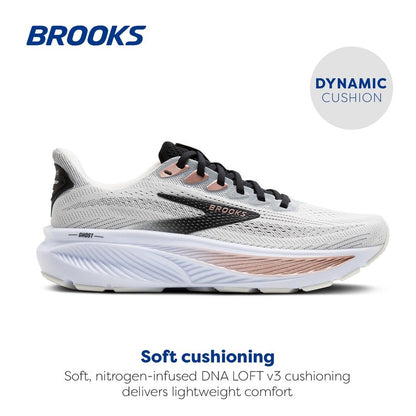 Brooks Women’s Ghost 17 Neutral Running Shoe - White/Black/Rose Gold - 7.5 Wide