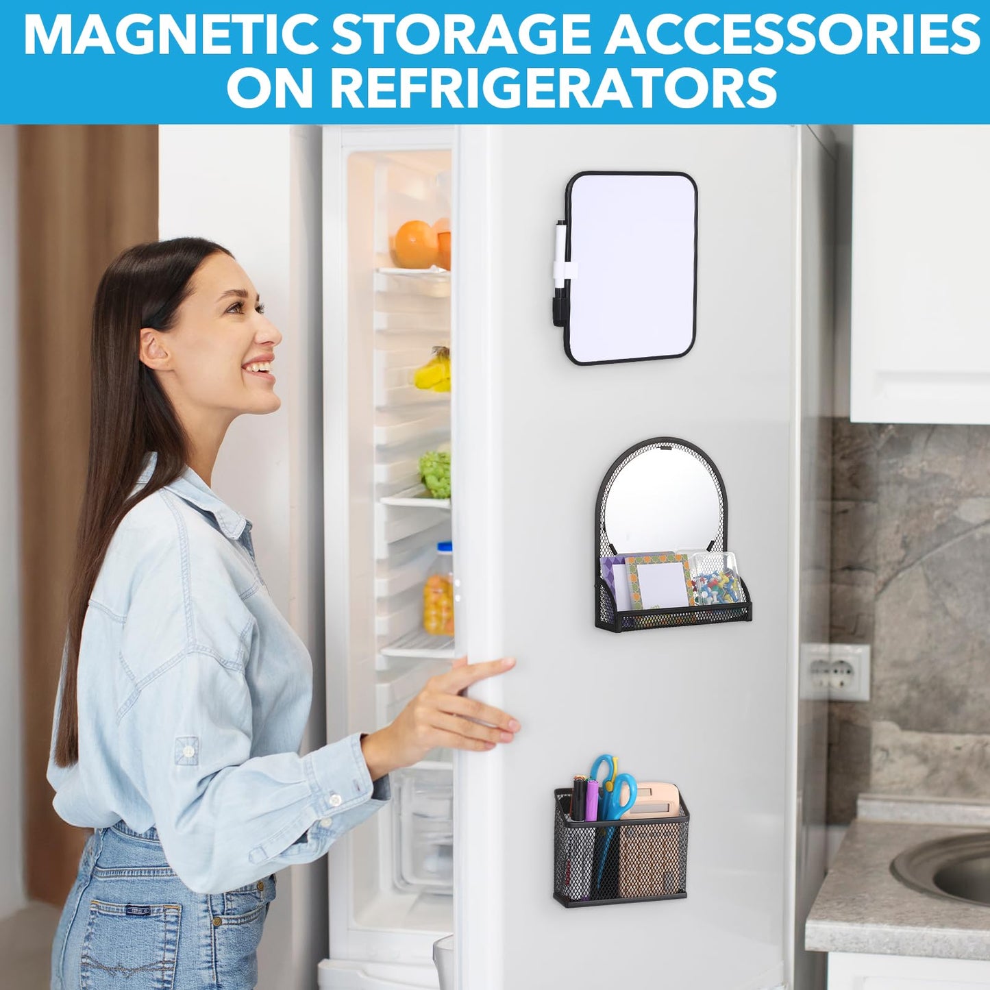 CroBlissful Set of 3 Magnetic Locker Accessories Include Mirror with Bottom Tray Magnetic Whiteboard with 2 Markers and Mesh Storage Basket for Students School Office Locker Organizer(Black)